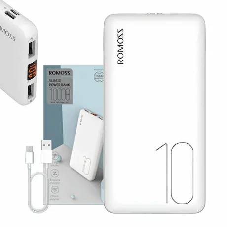 Acumulator extern Romoss, 10000mAh, 2xUSB, 1xMicroUSB, Indicator baterie, Alb
