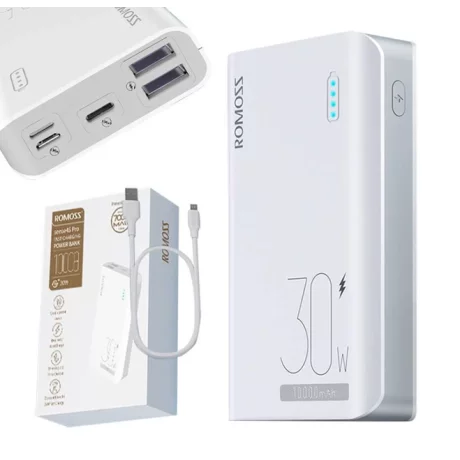 Acumulator extern Romoss, 10000mAh, 30W, 2xUSB , 1xUSB-C, 1xMicroUSB, 1xLightning, Indicator baterie, Alb
