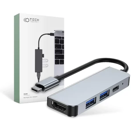 Adaptor HUB aluminiu 4-in-1 Tech-Protect V2 USB Type-C - 2x USB 3.0, 1x USB Type-C, 1x HDMI, Gri