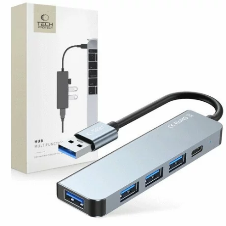 Hub aluminiu 5-in-1 Tech-Protect V0, USB - 3x USB 2.0, 1x USB 3.0, 1x USB Type-C, Gri