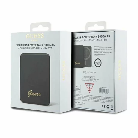 Acumulator extern wireless Guess, 5000mAh, 15W, Magsafe, 1xUSB-C, Indicator baterie, Negru