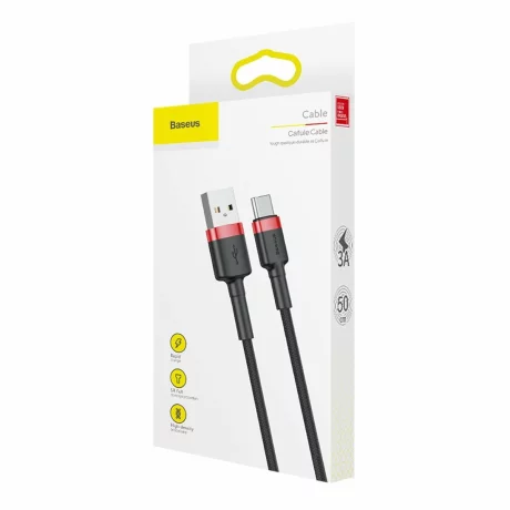 Cablu Date si Incarcare Baseus, Cafule CATKLF-A91, USB la USB Type-C, 0.5 m, C3.0, 3A, Negru Rosu