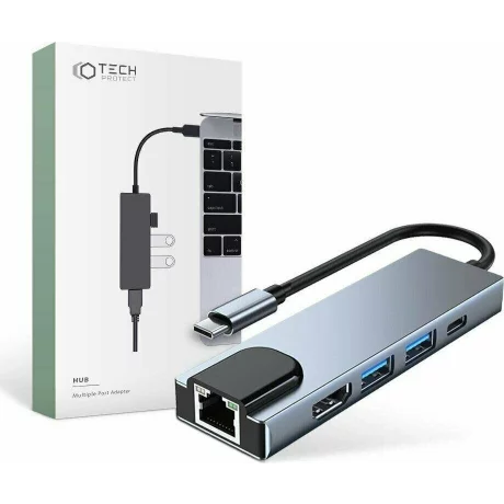 Hub aluminiu 5-in-1 Tech-Protect V3 USB Type-C - 2x USB 3.0, 1x USB Type-C, 1x HDMI, 1x RJ45, Gri