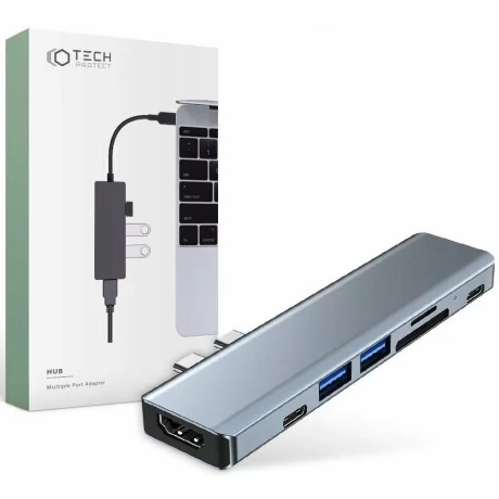 Hub aluminiu 7-in-1 Tech-Protect V5 Dual USB Type-C - 2x USB Type-C, 2x USB 3.0, 1x HDMI, 1x MicroSD, 1x SD, Gri