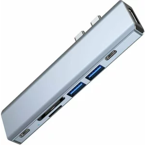 Hub aluminiu 7-in-1 Tech-Protect V5 Dual USB Type-C - 2x USB Type-C, 2x USB 3.0, 1x HDMI, 1x MicroSD, 1x SD, Gri