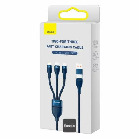 Cablu Incarcare USB - USB Type-C la Lightning / MicroUSB / USB Type-C Baseus Flash Series II, 1.2 m, 100W, Bleumarin CASS030103