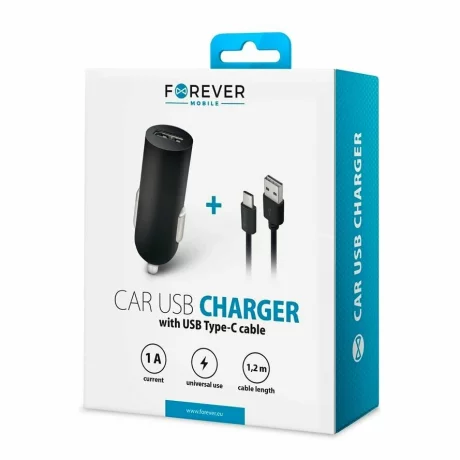 Incarcator auto Forever, USB, 1A, cablu USB-C, Negru
