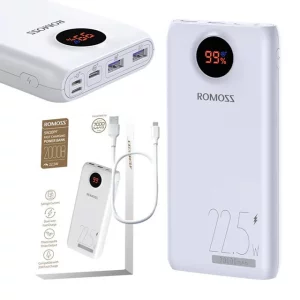 Acumulator extern Romoss, 20000mAh, 22.5W, 2xUSB, 1xUSB-C, 1xMicroUSB, 1xLightning, Indicator baterie, Alb