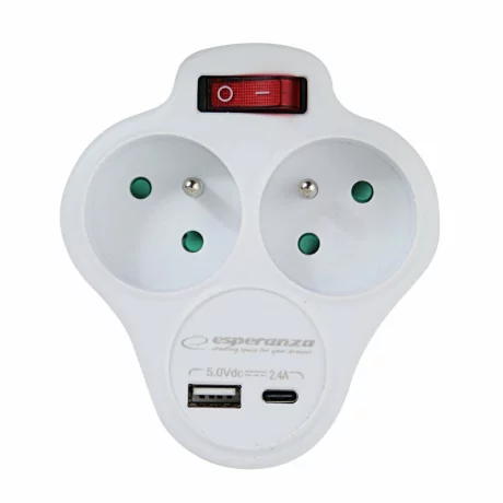 Adaptor dublu stecher Esperanza, ELK311W, switch ON/OFF, cu incarcator USB-C/USB-A, Alb