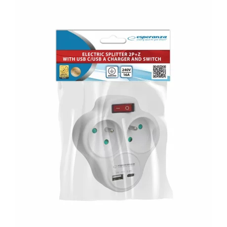 Adaptor dublu stecher Esperanza, ELK311W, switch ON/OFF, cu incarcator USB-C/USB-A, Alb