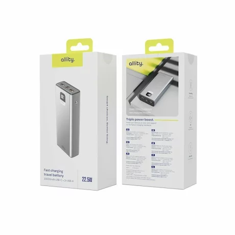 Acumulator extern Allity APB-100, PD QC, 22.5W, 20000 mAh, Gri