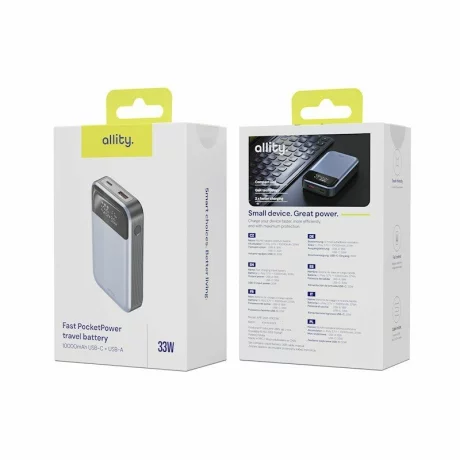Acumulator extern Allity APB-200, PD QC, 33W, 10000 mAh, Gri