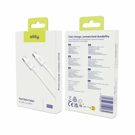 Cablu de date si incarcare  Allity AAUC-03, USB-C to USB-C, 2m, 100W, Alb