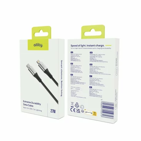 Cablu de date si incarcare Allity AUC-01, USB-C to Lightning, 27W, 2m, Negru