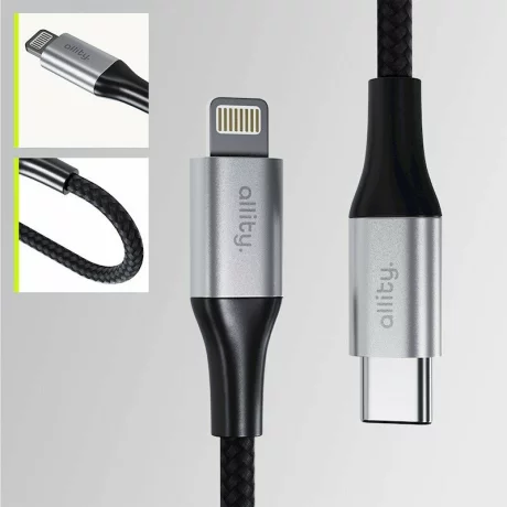 Cablu de date si incarcare Allity AUC-01, USB-C to Lightning, 27W, 2m, Negru