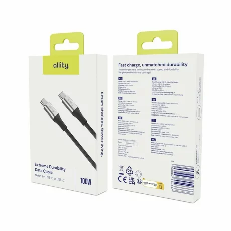 Cablu de date si incarcare Allity AUC-01, USB-C to USB-C, 100W, 1m, Negru