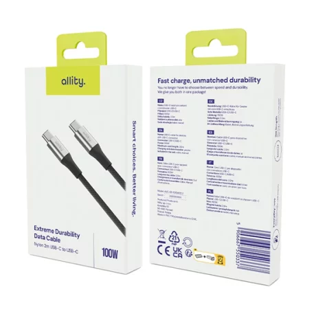 Cablu de date si incarcare Allity AUC-01, USB-C to USB-C, 100W, 2m, Negru