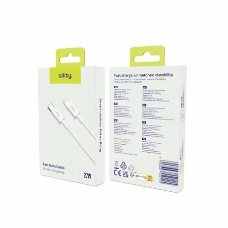 Cablu de date si incarcare Allity AUC-02, USB-C to Lightning, 27W, 2m, Alb