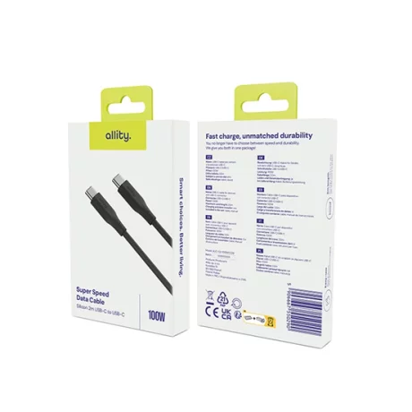 Cablu de date si incarcare Allity AUC-02, USB-C to USB-C, 100W, 2m, Negru