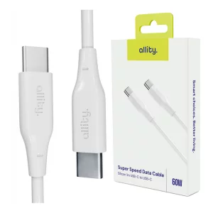 Cablu de date si incarcare Allity AUC-02, USB-C to USB-C, 60W, 1m, Alb