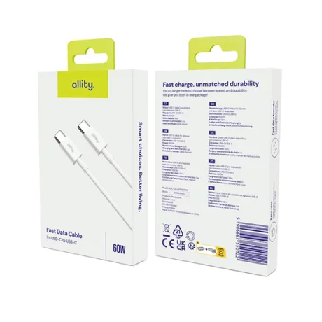 Cablu de date si incarcare Allity AUC-03, USB-C to USB-C, 60W, 1m, Alb