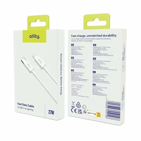 Cablu de date si incarcare Allity AUC-03, USB to Lightning, 27W, 1m, Alb