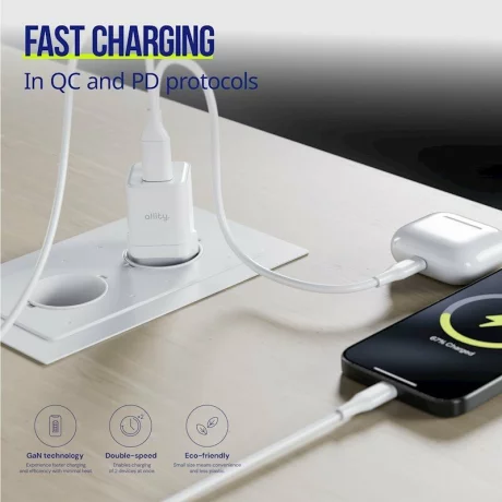 Incarcator Retea Allity ATC-01-20WAC, GaN PD QC, 1x USB-C, 1x USB-A 20W, Alb
