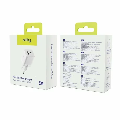 Incarcator Retea Allity ATC-01-20WAC, GaN PD QC, 1x USB-C, 1x USB-A 20W, Alb