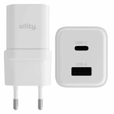 Incarcator Retea Allity ATC-01-20WAC, GaN PD QC, 1x USB-C, 1x USB-A 20W, Alb