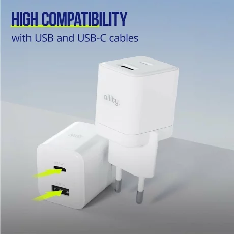 Incarcator Retea Allity ATC-01-20WAC, GaN PD QC, 1x USB-C, 1x USB-A 20W, Alb