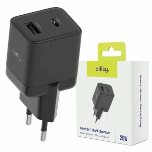 Incarcator Retea Allity  ATC-01-20WAC, GaN PD QC, 1x USB-C, 1x USB-A, 20W, Negru