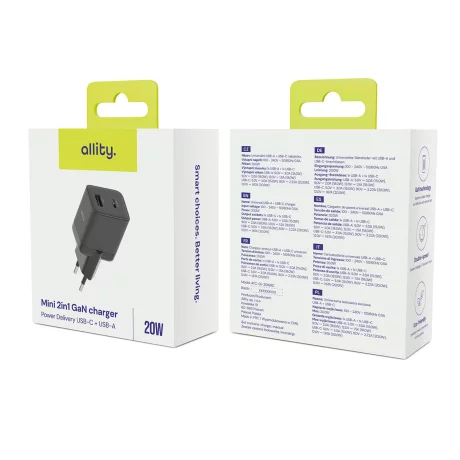 Incarcator Retea Allity  ATC-01-20WAC, GaN PD QC, 1x USB-C, 1x USB-A, 20W, Negru