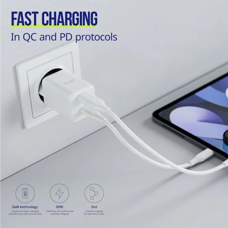 Incarcator Retea Allity ATC-01-30WAC, GaN PD QC, 1x USB-C, 1x USB-A, 30W, Alb