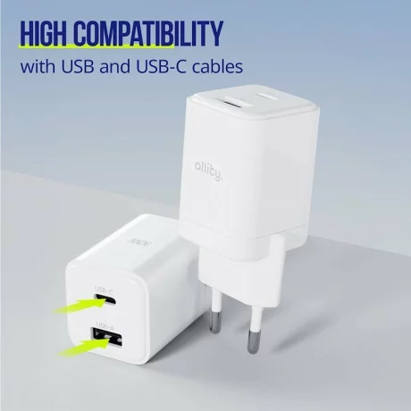 Incarcator Retea Allity ATC-01-30WAC, GaN PD QC, 1x USB-C, 1x USB-A, 30W, Alb