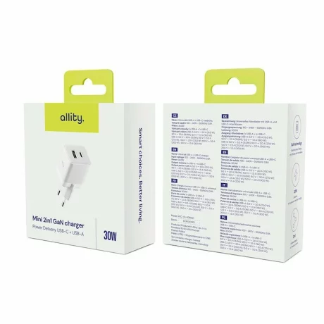 Incarcator Retea Allity ATC-01-30WAC, GaN PD QC, 1x USB-C, 1x USB-A, 30W, Alb