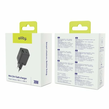 Incarcator Retea Allity  ATC-01-30WAC, GaN PD QC, 1x USB-C, 1x USB-A, 30W, Negru
