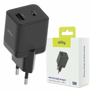 Incarcator Retea Allity  ATC-01-30WAC, GaN PD QC, 1x USB-C, 1x USB-A, 30W, Negru
