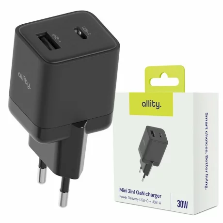 Incarcator Retea Allity  ATC-01-30WAC, GaN PD QC, 1x USB-C, 1x USB-A, 30W, Negru