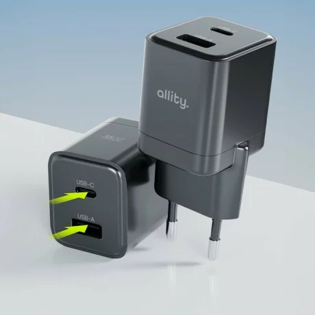 Incarcator Retea Allity  ATC-01-30WAC, GaN PD QC, 1x USB-C, 1x USB-A, 30W, Negru