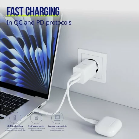 Incarcator Retea Allity  ATC-01-45WAC, GaN PD QC, 1x USB-C, 1x USB-A, 45W, Alb