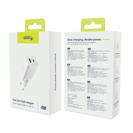 Incarcator Retea Allity  ATC-01-45WAC, GaN PD QC, 1x USB-C, 1x USB-A, 45W, Alb