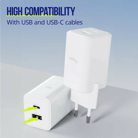 Incarcator Retea Allity  ATC-01-45WAC, GaN PD QC, 1x USB-C, 1x USB-A, 45W, Alb