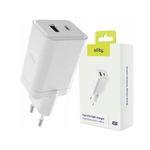 Incarcator Retea Allity  ATC-01-45WAC, GaN PD QC, 1x USB-C, 1x USB-A, 45W, Alb
