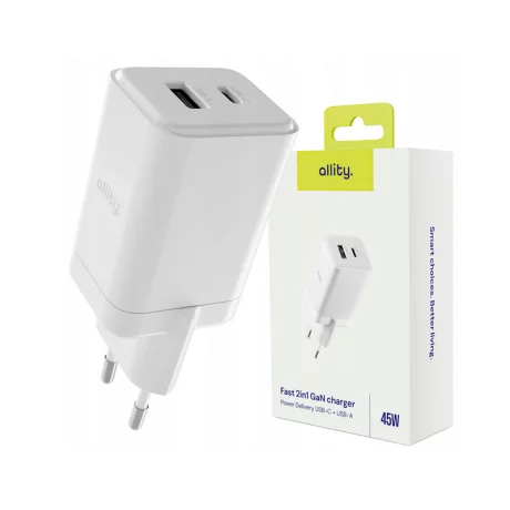 Incarcator Retea Allity  ATC-01-45WAC, GaN PD QC, 1x USB-C, 1x USB-A, 45W, Alb