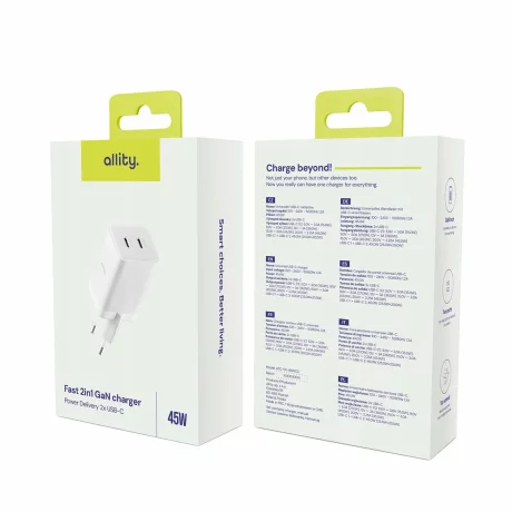 Incarcator Retea Allity  ATC-01-45WCC, GaN PD QC, 2x USB-C, 1x USB-A, 45W, Alb