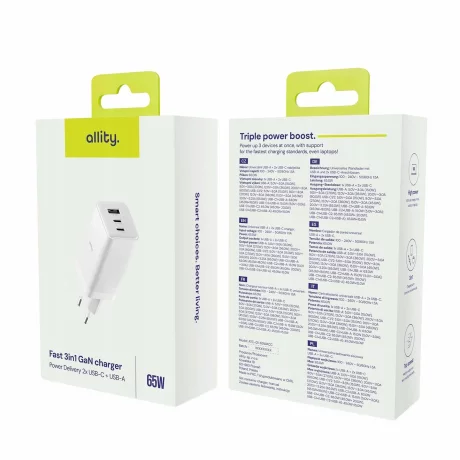 Incarcator Retea Allity  ATC-01-65WACC, GaN PD QC, 2x USB-C, 1x USB-A, 65W, Alb