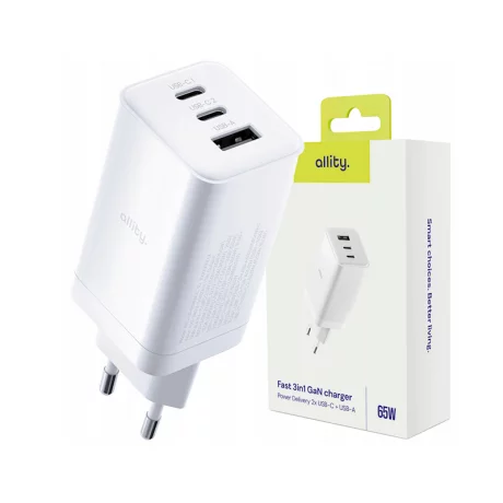 Incarcator Retea Allity  ATC-01-65WACC, GaN PD QC, 2x USB-C, 1x USB-A, 65W, Alb