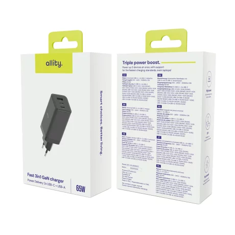 Incarcator Retea Allity  ATC-01-65WACC, GaN PD QC, 2x USB-C, 1x USB-A, 65W, Negru