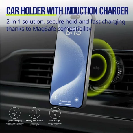Suport Auto Magnetic AllityACH-300, cu incarcare wireless, 15W, Negru