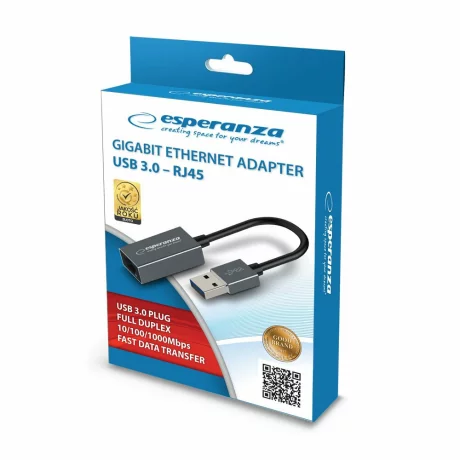 Adaptor de retea Esperanza ENA101, 1000Mbps, USB 3.0- RJ-45, cablu 18 cm, Gri